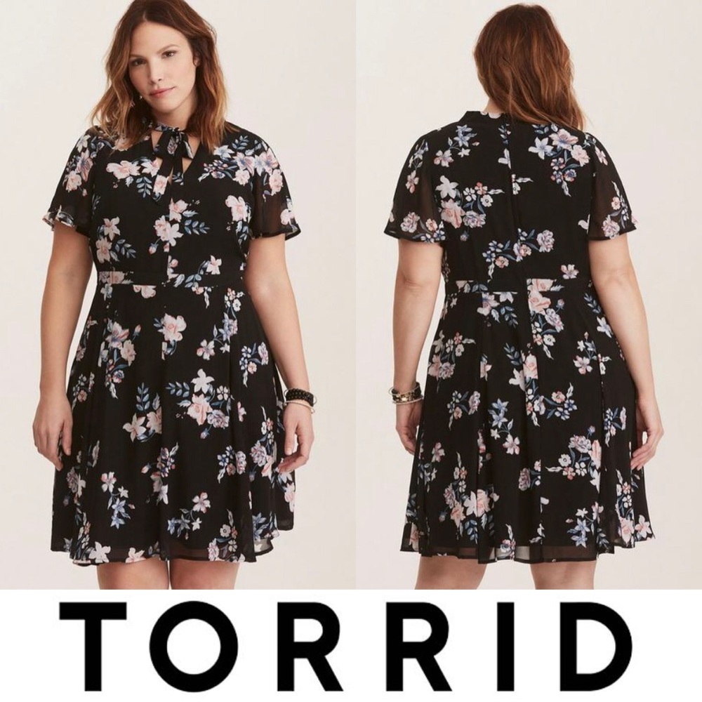 Torrid Black Multi-Color Floral Print Chiffon Tie Neck Flounce Sleeve Dress